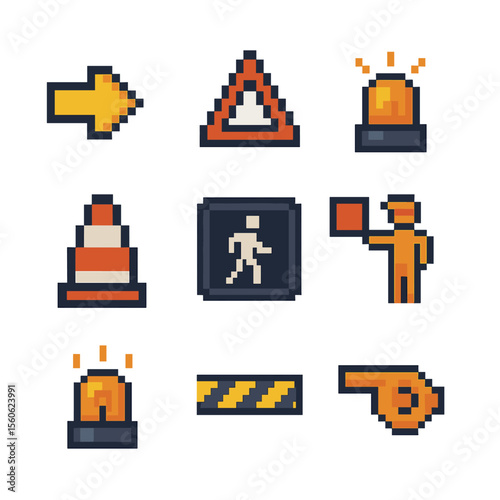 Safety Icons Grid. Pixel art icon set of safety and signaling: traffic arrow, warning triangle, flashing beacon, reflective cone,