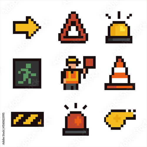 Safety Icons Grid. Pixel art icon set of safety and signaling: traffic arrow, warning triangle, flashing beacon, reflective cone,