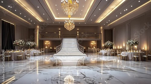 Luxurious ballroom interior featuring a grand staircase, tables, and elegant chandeliers.