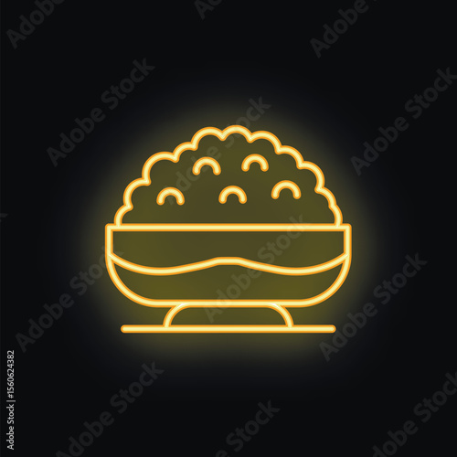 Neon icon glowing yellow depicting a bowl overflowing with food, conveying the concept of abundance and plenty