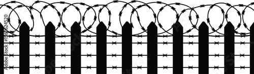 Barbed Wire Fence Silhouette with Grass Vector Illustration.