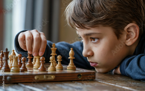 Close-up of a focused young boy playing chess and strategically making a move.