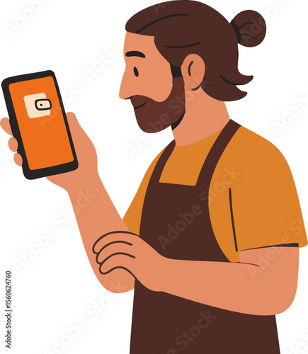 A bearded man in a brown apron and orange shirt is looking at a smartphone with a cheerful expression, suggesting he is checking something related to work or a message.