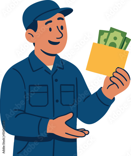 A smiling man in a blue uniform and cap is holding an envelope filled with cash, suggesting payment or a salary.