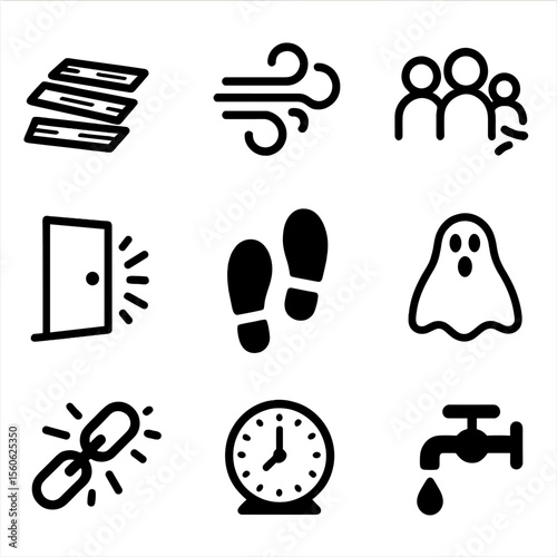 Scary Mansion Sounds Icons. Solid, filled icon set of Scary mansion sounds: creaking floor, howling wind, whispering voices,