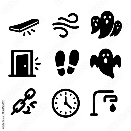 Scary Mansion Sounds Icons. Solid, filled icon set of Scary mansion sounds: creaking floor, howling wind, whispering voices,