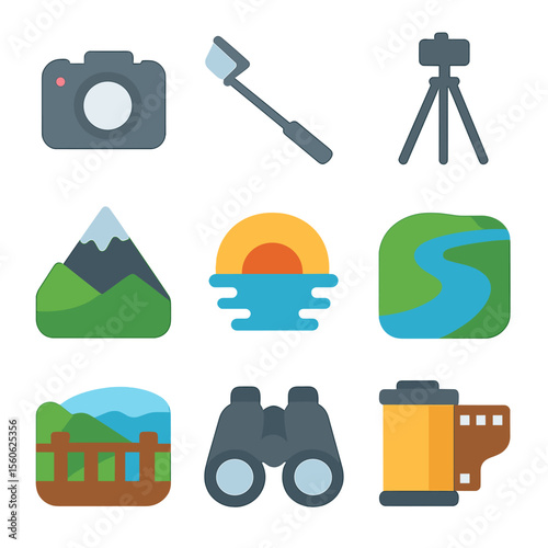 Scenic Icon Set. Flat icon set of scenic photo ops: camera, selfie stick, tripod, mountain peak, sunset, river bend, scenic