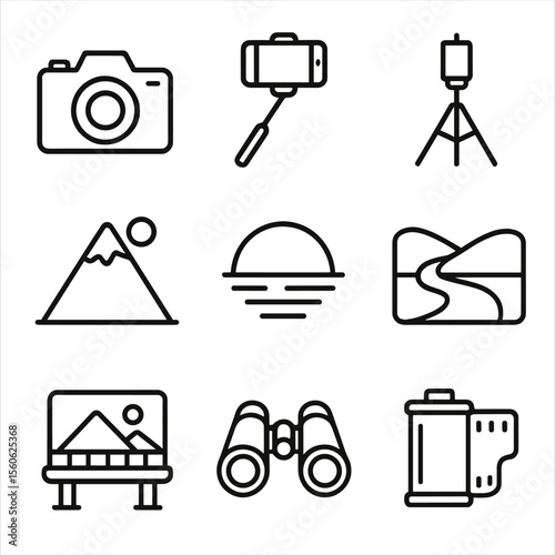 Scenic Icons Grid. Outline icon set of scenic photo ops: camera, selfie stick, tripod, mountain peak, sunset, river bend, scenic