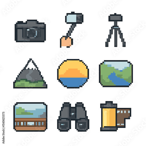Scenic Photo Op Icons. Pixel art icon set of scenic photo ops: camera, selfie stick, tripod, mountain peak, sunset, river bend,