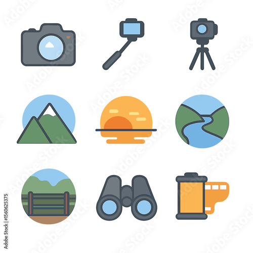 Scenic Icon Set. Flat icon set of scenic photo ops: camera, selfie stick, tripod, mountain peak, sunset, river bend, scenic