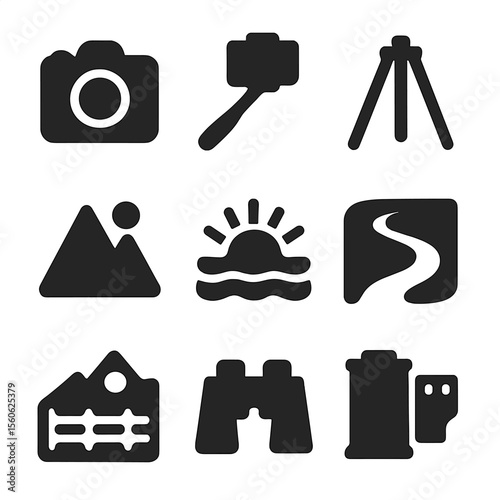 Scenic Icon Set. Solid, Filled icon set of scenic photo ops: camera, selfie stick, tripod, mountain peak, sunset, river bend,