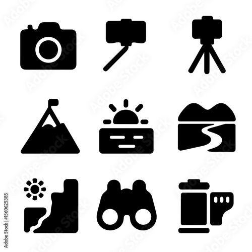 Scenic Icon Set. Solid, Filled icon set of scenic photo ops: camera, selfie stick, tripod, mountain peak, sunset, river bend,