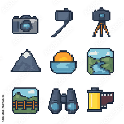 Scenic Photo Op Icons. Pixel art icon set of scenic photo ops: camera, selfie stick, tripod, mountain peak, sunset, river bend,