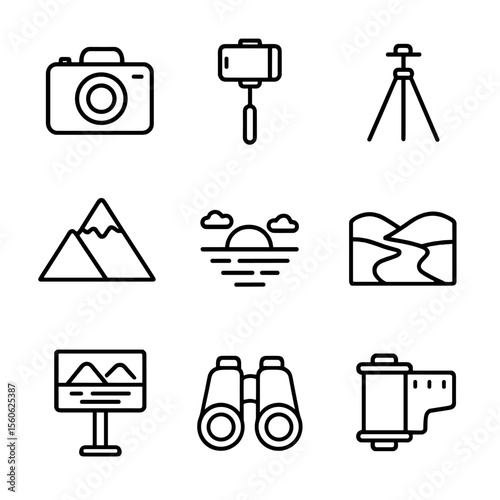 Scenic Icons Grid. Outline icon set of scenic photo ops: camera, selfie stick, tripod, mountain peak, sunset, river bend, scenic