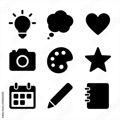 Scrapbooking Icon Set. Solid, filled icon set of scrapbooking inspiration: light bulb, idea bubble, heart, camera, paint palette,