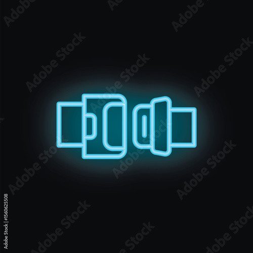 Blue neon icon of a seat belt glowing on a black background