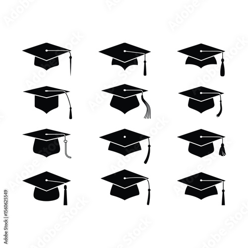 Collection of black silhouette graduation caps on white background for education designs