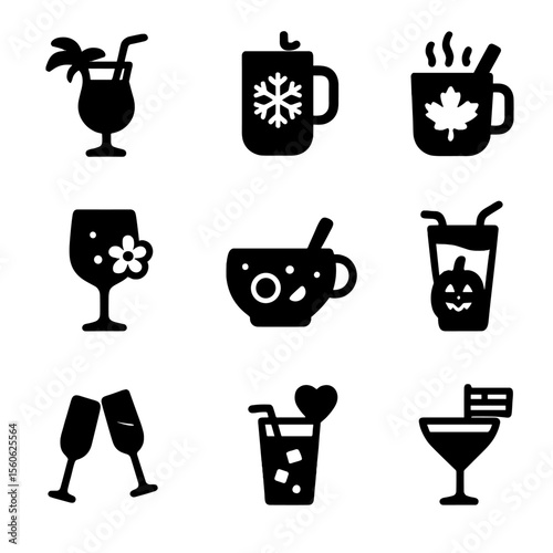 Seasonal Cocktail Icons. Solid, filled icon set of seasonal cocktail themes: summer cocktail, winter drink, autumn spice, spring