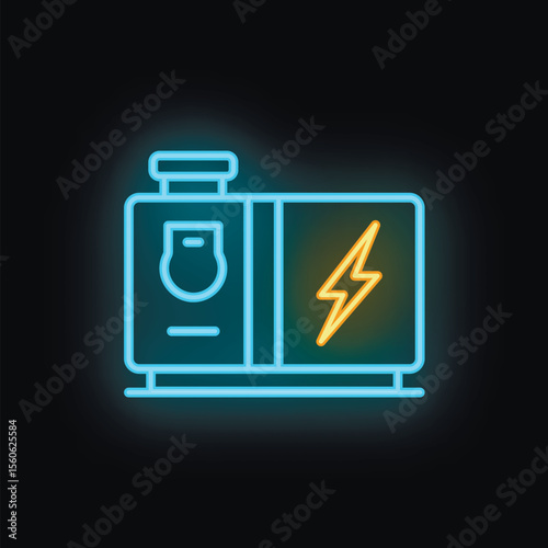 Neon icon of a generator supplying electricity, representing power generation and backup energy solutions