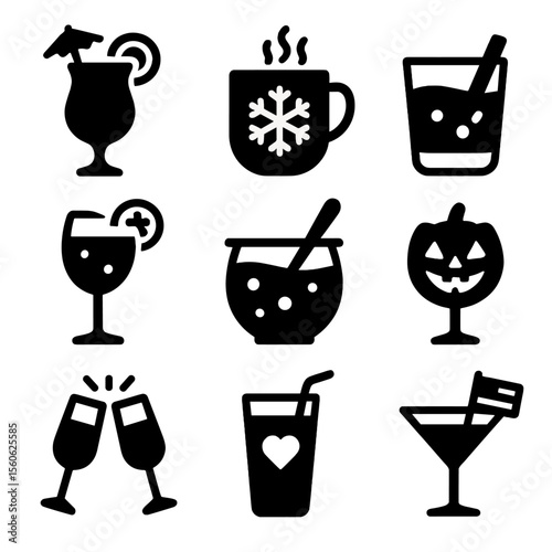 Seasonal Cocktail Icons. Solid, filled icon set of seasonal cocktail themes: summer cocktail, winter drink, autumn spice, spring
