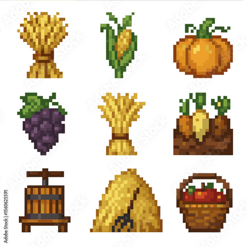 Seasonal Harvest Icons. Pixel art icon set of seasonal harvest activities: wheat sheaf, corn stalk, pumpkin patch, grape cluster,