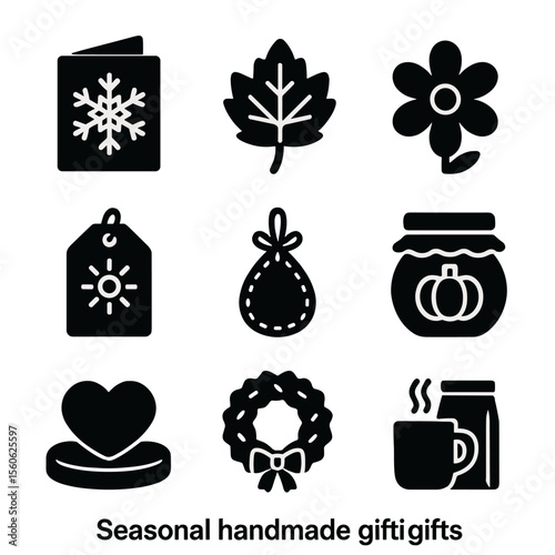 Seasonal Handmade Gift Icons. Solid, filled icon set of seasonal handmade gifts: snowflake card, autumn leaf, spring flower,