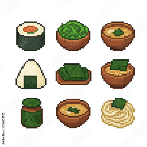 Seaweed Delights Icons. Pixel art icon set of culinary seaweed dishes: sushi roll, seaweed salad, miso soup, rice ball wrap,