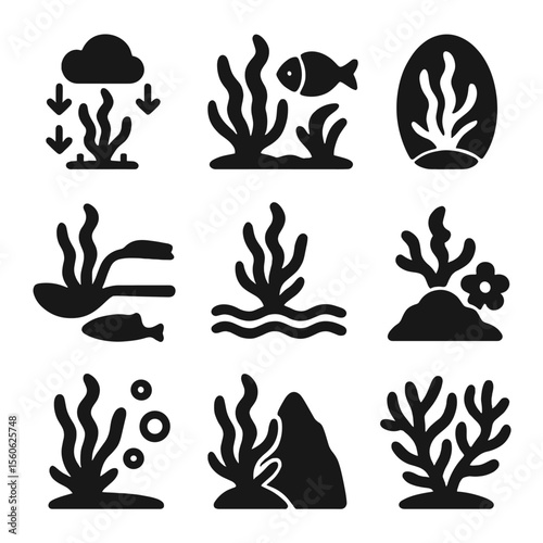 Seaweed Ecological Roles Icons. Solid, Filled icon set of seaweed ecological roles: carbon sink, habitat shelter, nursery ground,