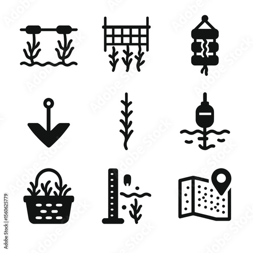 Seaweed Farming Icons. Solid, Filled icon set of seaweed farming methods: long-line raft, net panel, lantern net, raft anchor,
