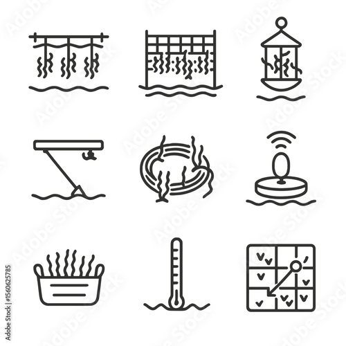 Seaweed Farming Icons. Outline icon set of seaweed farming methods: long-line raft, net panel, lantern net, raft anchor, seedling