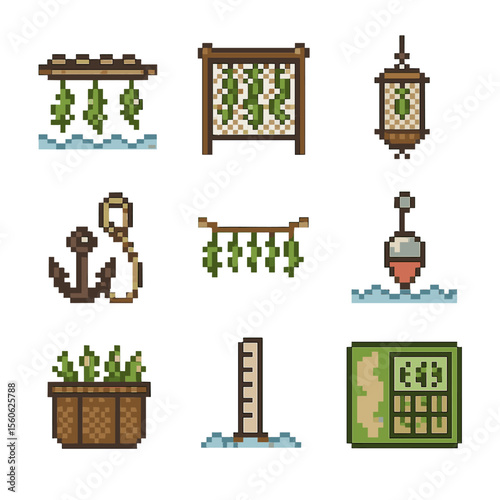 Seaweed Farming Icons. Pixel art icon set of seaweed farming methods: long-line raft, net panel, lantern net, raft anchor,