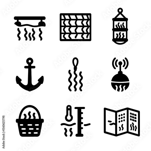 Seaweed Farming Icons. Solid, Filled icon set of seaweed farming methods: long-line raft, net panel, lantern net, raft anchor,