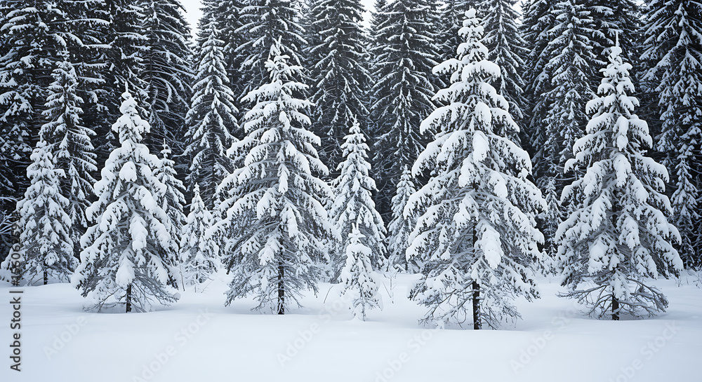 Fototapeta premium Snowy evergreen forest landscape winter trees