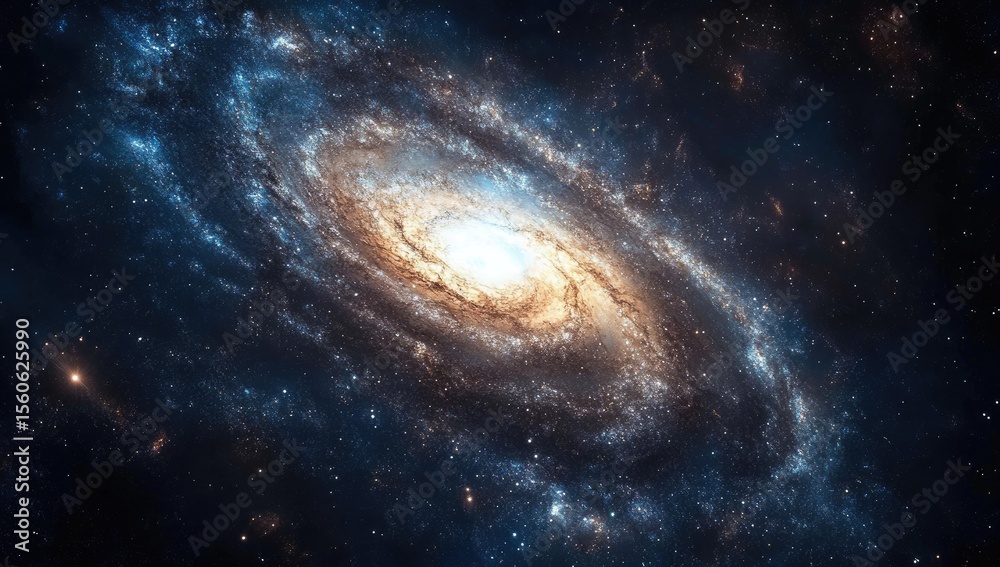 Naklejka premium Spiral galaxy, vibrant colors, swirling arms, cosmic dust