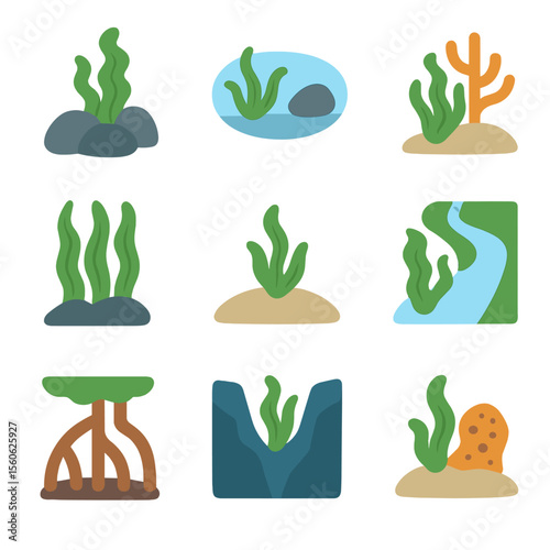 Seaweed Habitat Icons. Flat icon set of seaweed habitats: rocky shore, tide pool, coral reef, kelp forest, sandy bottom, estuary