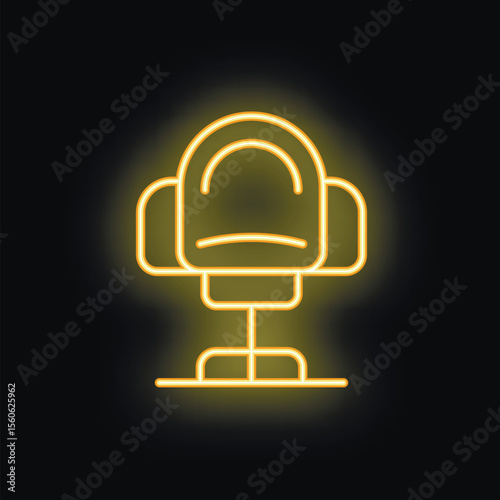 Bright yellow neon icon of a comfortable office chair is glowing on a black background