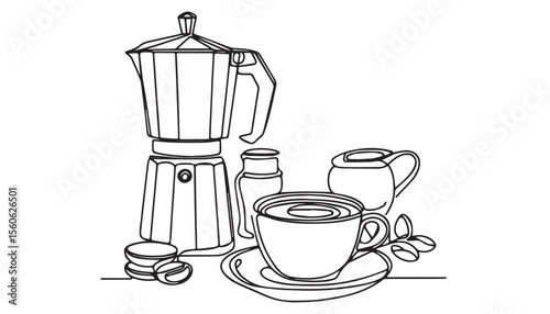 Continuous one single minimal line drawing coffee machine