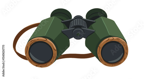 Green binoculars with brown wood details for hiking and wildlife observation