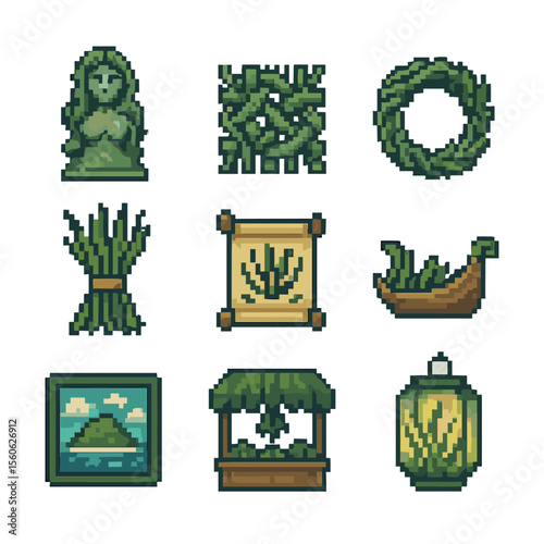Seaweed Motif Icons. Pixel art icon set of seaweed cultural motifs: sea goddess statue, coastal weaving pattern, dried wreath,