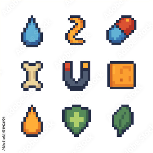 Seaweed Nutrients Grid. Pixel art icon set of seaweed nutritional components: iodine droplet, fiber strand, vitamin B12 capsule,