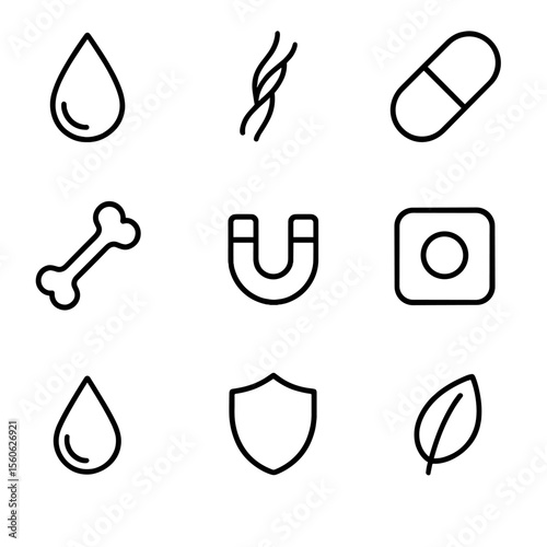 Seaweed Nutrient Icons. Outline icon set of seaweed nutritional components: iodine droplet, fiber strand, vitamin B12 capsule,