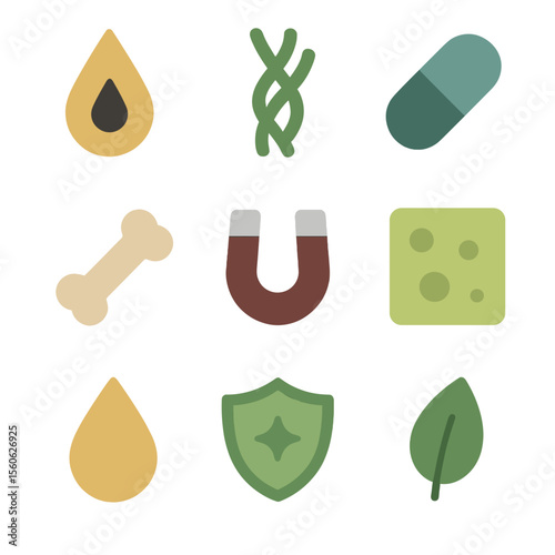 Seaweed Nutrients Icons. Flat icon set of seaweed nutritional components: iodine droplet, fiber strand, vitamin B12 capsule,