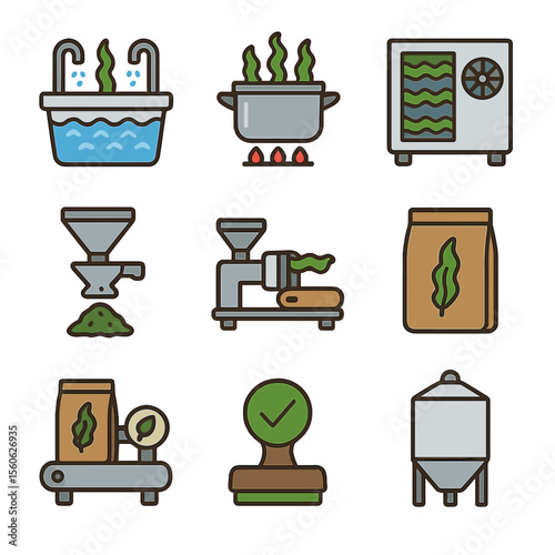 Seaweed Processing Icons. Flat icon set of seaweed processing steps: washing station, blanching pot, dehydrator unit, milling