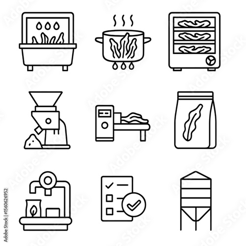 Seaweed Processing Icons. Outline icon set of seaweed processing steps: washing station, blanching pot, dehydrator unit, milling