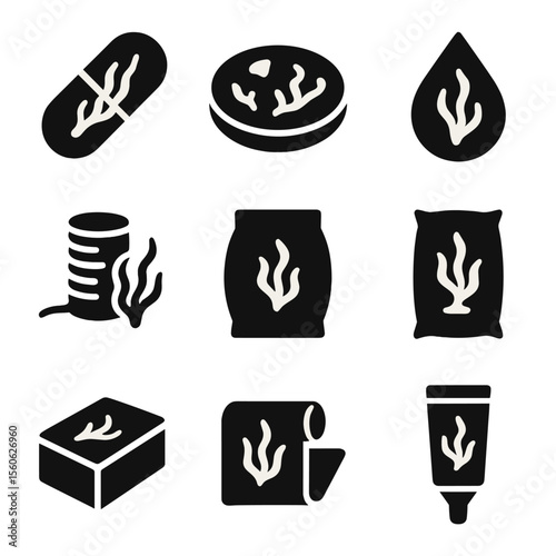 Seaweed Product Icons. Solid, Filled icon set of seaweed-based products: alginate capsule, agar plate, biofuel droplet, textile