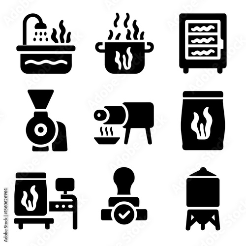 Seaweed Processing Icons. Solid, Filled icon set of seaweed processing steps: washing station, blanching pot, dehydrator unit,