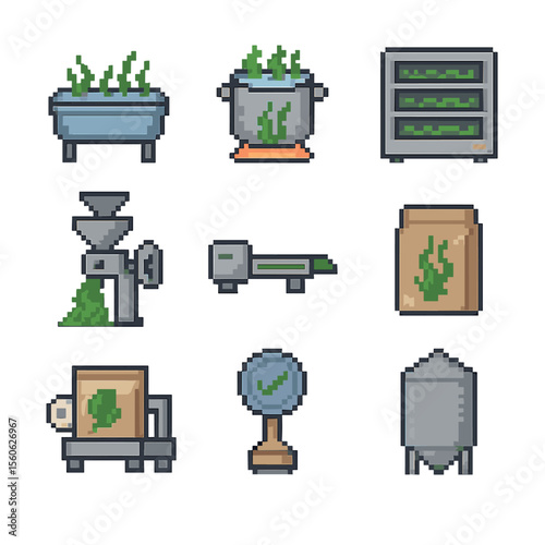 Seaweed Processing Icons. Pixel art icon set of seaweed processing steps: washing station, blanching pot, dehydrator unit, milling