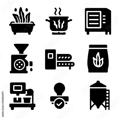 Seaweed Processing Icons. Solid, Filled icon set of seaweed processing steps: washing station, blanching pot, dehydrator unit,