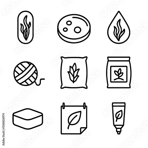 Seaweed Product Icons. Outline icon set of seaweed-based products: alginate capsule, agar plate, biofuel droplet, textile fiber,
