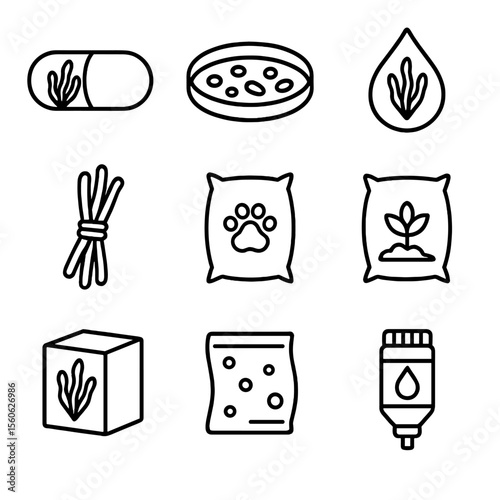 Seaweed Product Icons. Outline icon set of seaweed-based products: alginate capsule, agar plate, biofuel droplet, textile fiber,